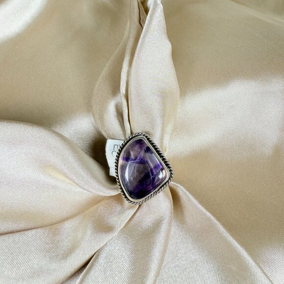 Sterling Silver Purple Amethyst Ring with Rope Border Handmade Jewelry Size 9.5 - Picture 1 of 4
